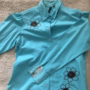 Turquoise Pearl Snap Shirt with Embroidery